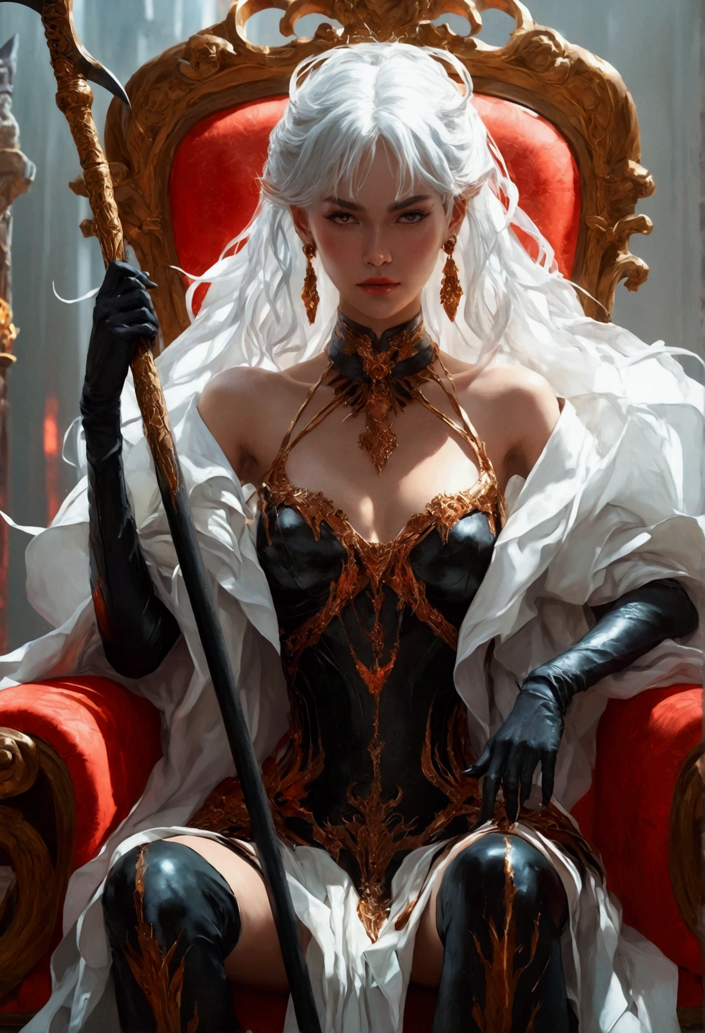 a powerful demon queen holding a scythe, sitting on a throne, looking down on everyone, full body shot, anime style, highly detailed, cinematic lighting, dramatic shadows, vibrant colors, digital art, concept art, masterpiece