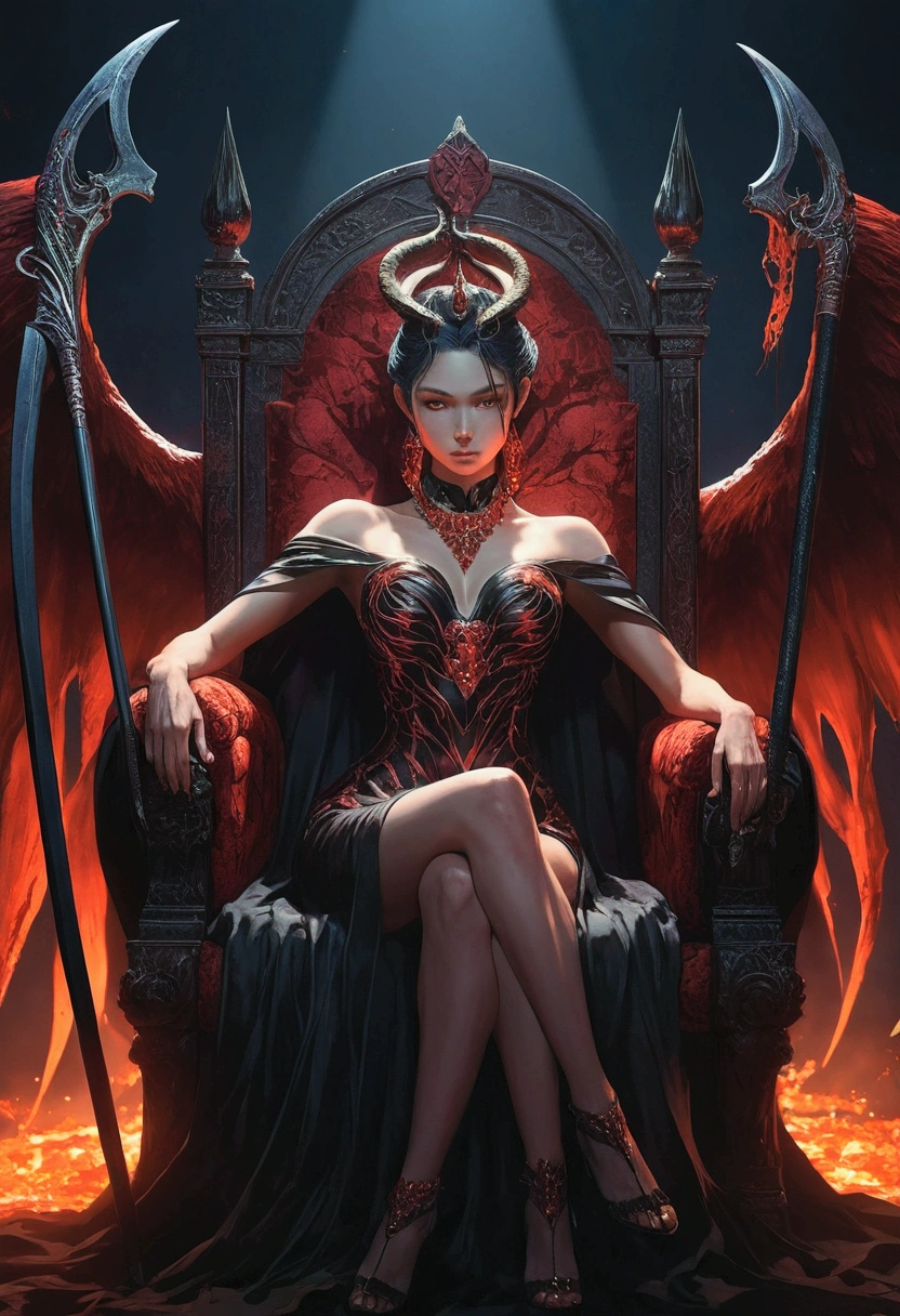 a powerful demon queen holding a scythe, sitting on a throne, looking down on everyone, full body shot, anime style, highly detailed, cinematic lighting, dramatic shadows, vibrant colors, digital art, concept art, masterpiece