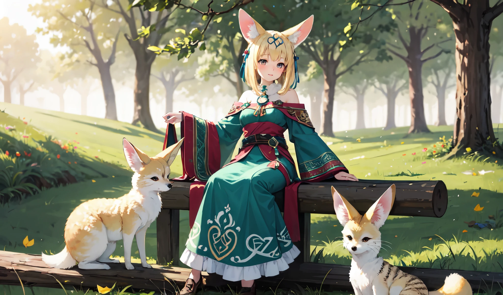 ((Highest quality)), ((masterpiece)), (detailed), One Fennec female, celtic costume, forest