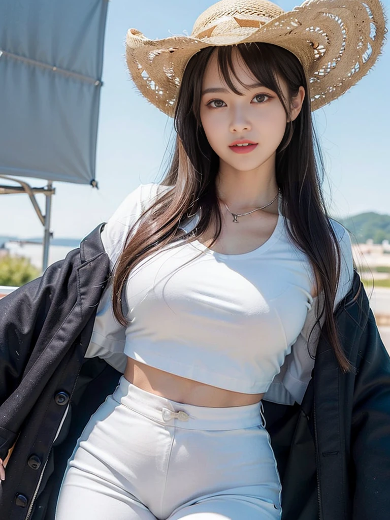 Look at this and smile、Colorful summer clothes、top quality、masterpiece、超High resolution、(actual:1.4)、Very wide lens、close up、Young woman beautiful、Nice detailed eyes and skin、smile、Short brown hair haircut、bust、Small necklace、、straw fedora hat、、Summer sky、(highest image quality: 1.35), high quality, Realistic photo, (A beautiful woman:1.33), beautiful expression, (delicate eyes:1.3), (delicate face:1.3), Smile, (light hair silhouette:1.2), Super detailed , high resolution, Athletic figure, (big breasts:1.25), (long hair:1.2), (beautiful woman), (Cute navel:1.2), ( Depth of field f/1.8:1.45 ), sharp focus, original image , (Thin white shirt:1.45), (Thin white pants:1.4), (Thin white tight pants:1.4 ), (shirt thin white eyelashes:1.4), (thick thighs:1.5), (forward facing:1.25), (cowboy photo:1.4), (night sports:1.4), ( dark sky:1.5 ),