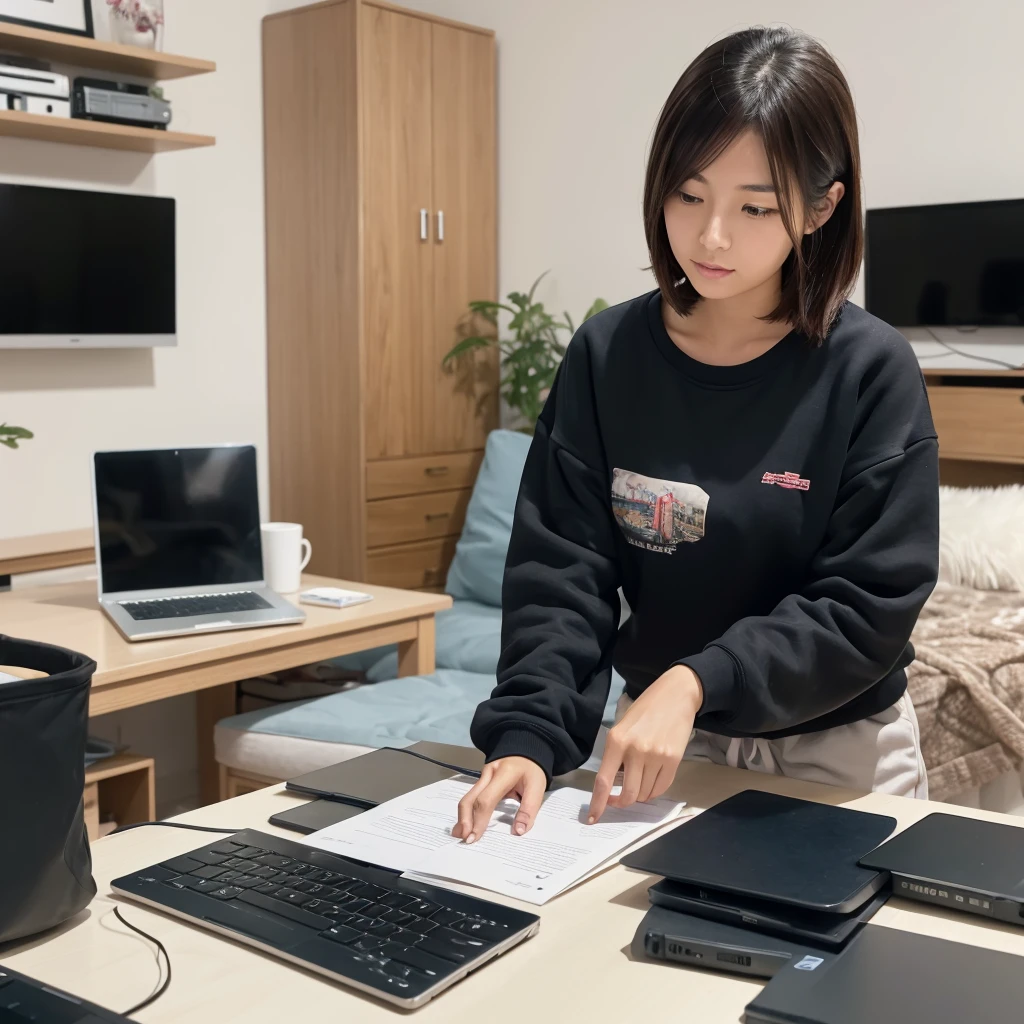 A beautiful Japanese woman in a sweatshirt working on a laptop in a messy apartment