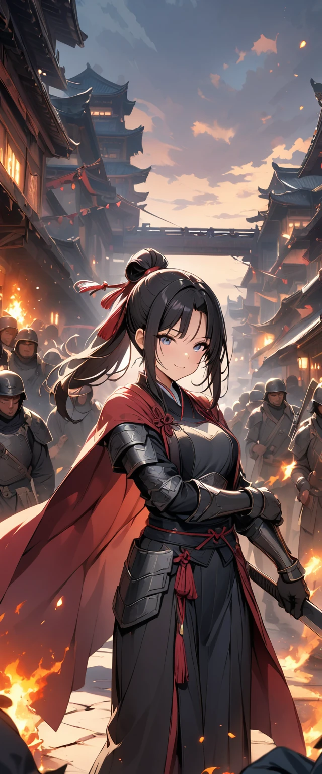 ((Masterpiece, top quality, high resolution)), ((highly detailed CG unified 8K wallpaper)), A female swordsman in Chinese clothes, Hero of the Three Kingdoms, (A large sword is held in both hands), She has long black hair tied back, wears iron armor and a red cape, Surrounded by enemy soldiers with a burning city in the background,