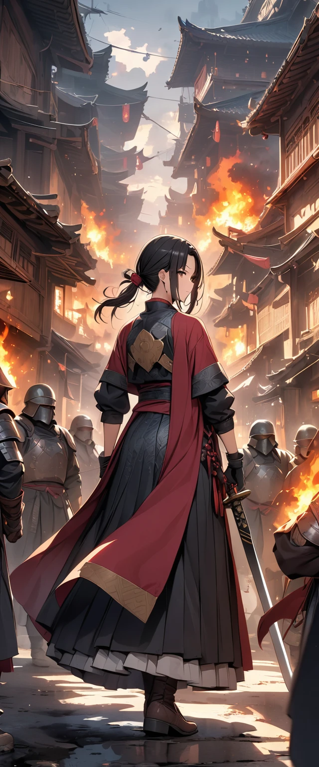 ((Masterpiece, top quality, high resolution)), ((highly detailed CG unified 8K wallpaper)), A female swordsman in Chinese clothes, Hero of the Three Kingdoms, (A large sword is held in both hands), She has long black hair tied back, wears iron armor and a red cape, Surrounded by enemy soldiers with a burning city in the background,