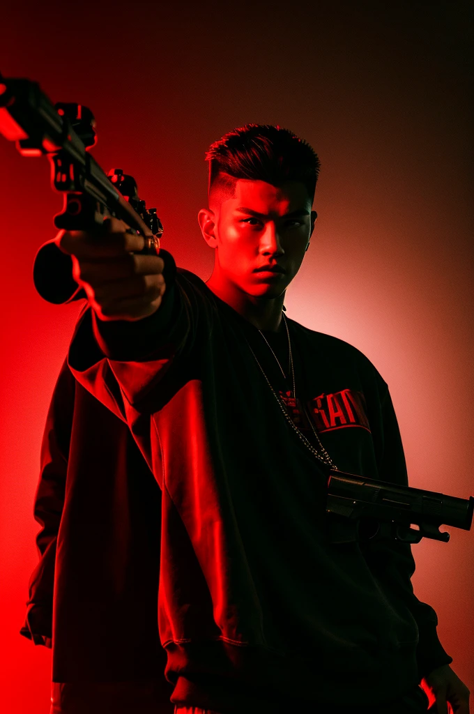 A 21 year man holding rifle gun with attitude posing and red light background 