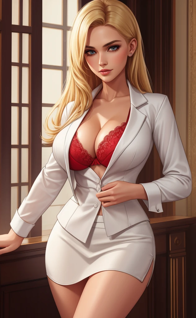 white silk shirt, deep v neck, business suit, , red lace bra, blonde, skirt