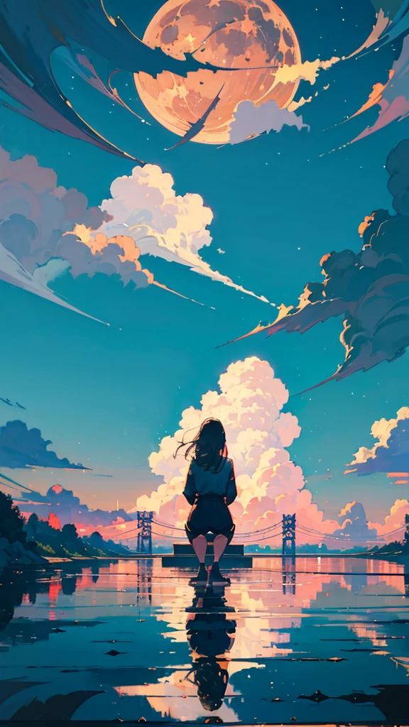masterpiece, Exquisite detail,Highest quality, One girl, alone, handrail, cloud, buildings,Long Hair, zero, Long sleeve, Power lines, White footwear, Black Hair, Electric pole, bangs, cloudy zero, fish, bird, Green Eyes, Shorts, Day, Black Shirt, barefoot,Star,milky way,Meteors,Pitch black,Buildings,High quality anime art style，Standing painting，Splash ink background,Blue Themes,Clear Face,Distinct facial features,Fuji Mountain,Fuji Mountain,Buildings in Tokyo,Looking at me,View from behind,Shining Star々,milky way,sitting in water,Bright sky,Daytime,Looking straight ahead,Future City,train,Railroad crossing,sunset,A train running on the tracks,the sun and the moon
