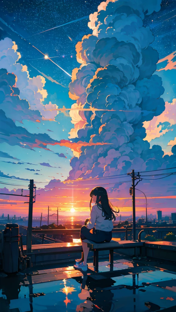 masterpiece, Exquisite detail,Highest quality, One girl, alone, handrail, cloud, buildings,Long Hair, zero, Long sleeve, Power lines, White footwear, Black Hair, Electric pole, bangs, cloudy zero, fish, bird, Green Eyes, Shorts, Day, Black Shirt, barefoot,Star,milky way,Meteors,Pitch black,Buildings,High quality anime art style,Standing painting,Splash ink background,Blue Themes,Clear Face,Distinct facial features,Fuji Mountain,Fuji Mountain,Buildings in Tokyo,Looking at me,View from behind,Shining Star々,milky way,sitting in water,Bright sky,Daytime,Looking straight ahead,Future City,train,Railroad crossing,sunset,A train running on the tracks,the sun and the moon