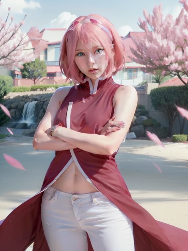 a close up of a person with long hair and a hoodie, sakura haruno, sakura haruno from naruto, from naruto, as an anime character, perfect Cherprang face, she has pink hair with bangs, female anime character, anime character, anime best girl, hime cut hairstyle, pink hair, (red glossy lips:1.3), light green eyes, big breasts, realistic, ultra detail, indoor background