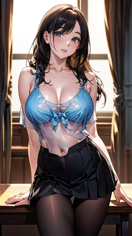 (Browsing Caution:1.5), ((Highest quality, masterpiece, 8K, High resolution, detailed)), ((A photo of a high school girl wearing see-through panties)), ((A high school girl standing with her legs open in black pantyhose)), transformation, Blazer uniform, The wind has blown her skirt up, exposing her underwear, 15-year-old junior high school girl, Beautiful and firm breasts, Beautiful and distortion-free face, Young and cute gravure idol, Realistic young gravure idol, Young and thin gravure idol, Japanese Goddess, (Natural Side Lighting, Cinema Lighting), Written boundary depth, Looking at the audience, Front view, 1 Girl, Asian, ((Bob Hair)), Perfect Face, Cute symmetrical face, Pale skin, Shiny skin, Asymmetrical bangs, Big eyes, Droopy eyes, Long eyelashes, thin, Beautiful Hair, Beautiful Face, Beautiful and beautiful eyes, Beautiful clavicle, Beautiful body, Beautiful breasts, Beautiful thighs, Beautiful legs, Beautiful fingers, (Beautiful views), evening, Droopy eyes, 