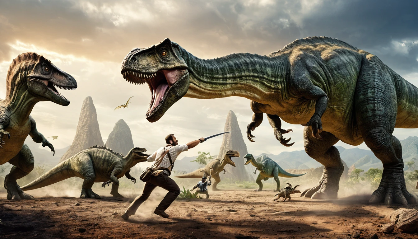 panoramic image, Men and dinosaurs fighting,epic, Masterpiece,