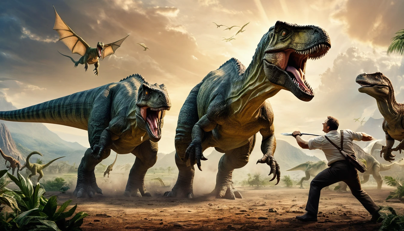 panoramic image, Men and dinosaurs fighting,epic, Masterpiece, 