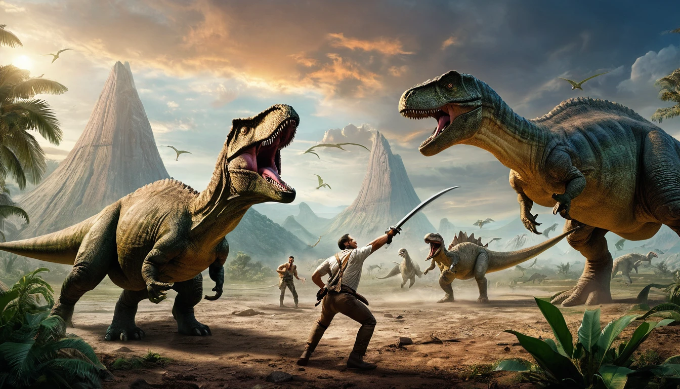 panoramic image, Men and dinosaurs fighting,epic, Masterpiece,