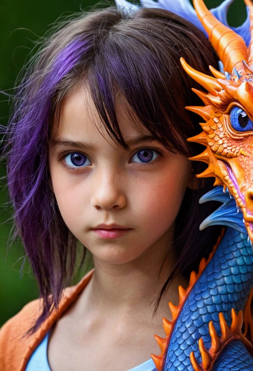 Jeune fille aux cheveux bruns et aux yeux bleus, avec un dragon violet et orange, version animé