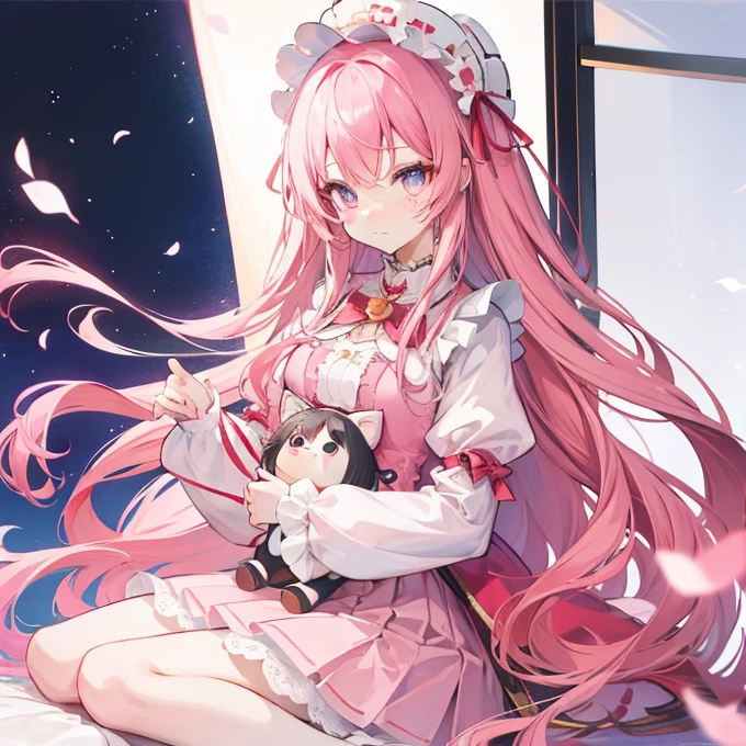 Long pink hair，Lolita Skirt，Fufu has a very cute face，It's a cute girl，Holding a stuffed toy