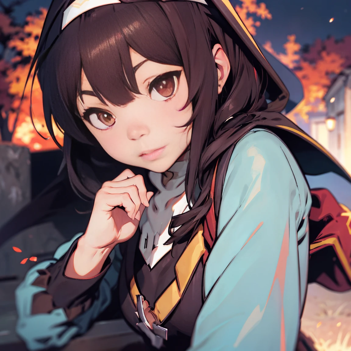 (((megumin dressed as a nun))), ((brown hair)), ((red eyes)), medieval, fantasy, magic, dungeons and dragons, ember particles, particles, flares, sharpened, chromatic aberration, masterpiece:6, best quality:5, realistic hands, (((split complementary palette))), bokeh, light, rim lighting:1, post processing, dslr, wide angle shot, in the style of Ilya Kuvshinov