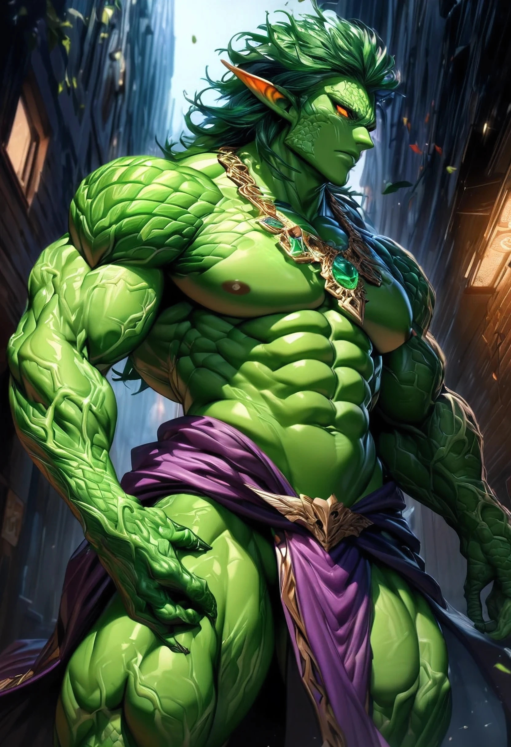 (((intricate design))) (((top quality))) (((16K))) (((High Definition))) 16K splash art (((photorealistic))) high-res, ultra sharp, ((masterpiece)), ultra-realistic, the best quality, expressive eyes, perfect face, mesmerising eyes, perfectly detailed anatomy (((Volumetric lighting))) (((natural lights))) (((nighttime))) (((1Male))) (((Bodybuilder))), (((muscular))), (((hyper pecs))) there is a sexy mature man with green paint on his body, slick shaved sides hairstyle, ((thighs)) bodily fluids, round butt, green coloured skin, gay, green skin! (((green coloured skin!!))), (((green skin))). (((green-skinned))), ((( off the shoulder elegant robes))) ((green skin with scales)), ((green skin)), windy, (((in a city))), (((greenish skin))) plantation on the male body, fluorescent green skin, radiant orange eyes, windy, leaves falling (((a powerful nature deity))), elf ears, druid magic, cell-shaded adult animation, green gem necklace, hot reptile muscular humanoid man, scales, muscular green body. Glowing veins, nature spirit, long sash, (((in a dark alleyway))) heroic pose, confident expression, green nature magic,