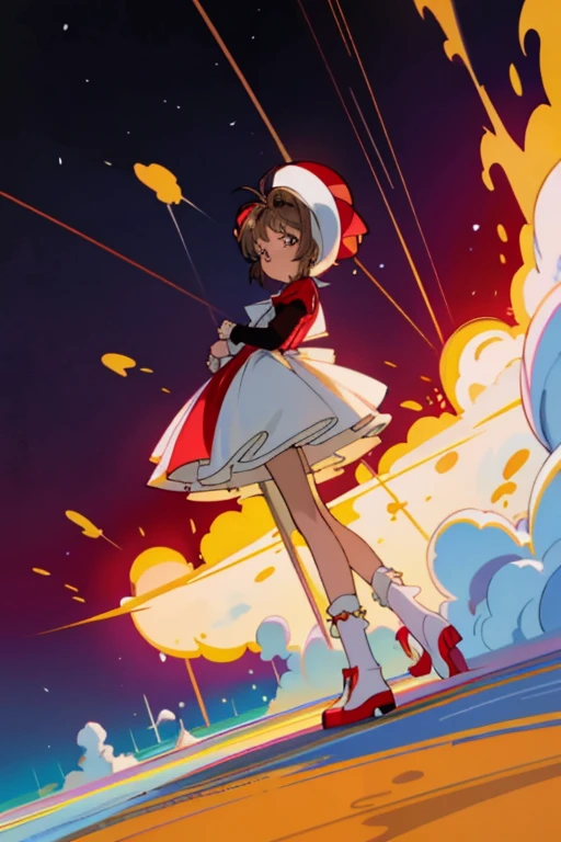 cute, anime, cute,3000 meters above the ground,A mushroom cloud from a nuclear explosion can be seen in the distance.,A red dress with lots of frills,Wearing a white petticoat,Wearing white knee-high socks,Full body portrait,Dynamic pose,Sparkling,
ultra detailed, masterpiece, Highest quality, A kind smile,
One Girl, Medium Chest,9-year-old girl,Short Bob Hair,Brown Hair,Your eyes are shining,Beautiful background,High resolution backgrounds,Card Captor Sakura,
