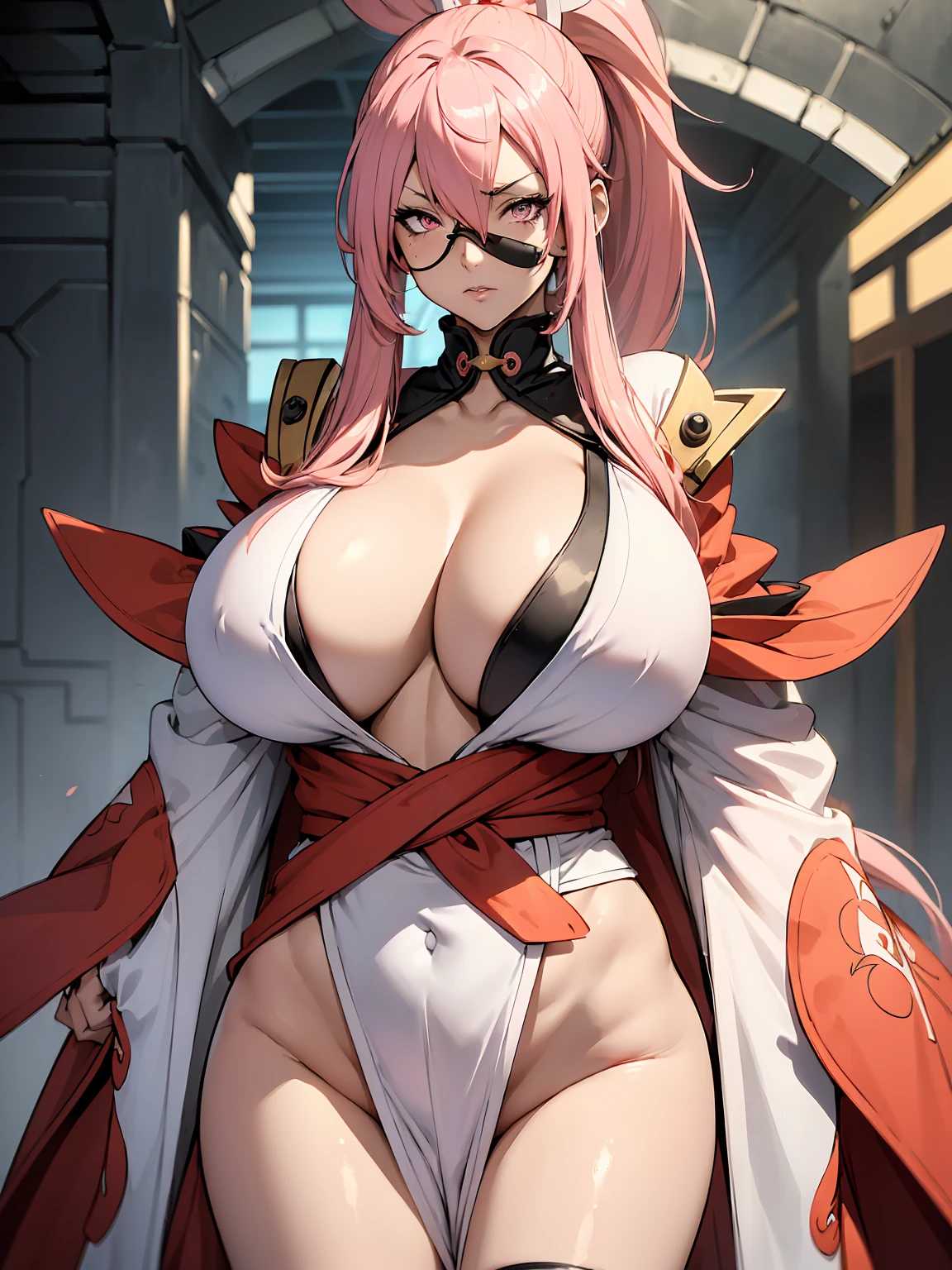 masterpiece:1.2, ((Guilty Gear: Strive game)), ((Baiken character)), 1women, (best quality), (real picture, intricate details, depth of field), make up, parted lips, highly-detailed, perfect face, (huge breasts:1.8), (skindentation), attractive waist, tall, glossy coral lips, moderate musculature, toned abdomen, beautiful navel, (extra long high pink ponytail :1.2), (white ribbon in hair) (beautiful bright pink color eyes), face ornament, sexy, (dressed in a kimono in red, white and black shades), (women's fundoshi), (white female fundosi), (blushing, drunk), sleepy expression, peaceful atmosphere, massive cleavage, disproportional , hanging breasts,
(the right eye is closed, eye patch on the right eye), (the left hand is missing, the left hand is hidden),