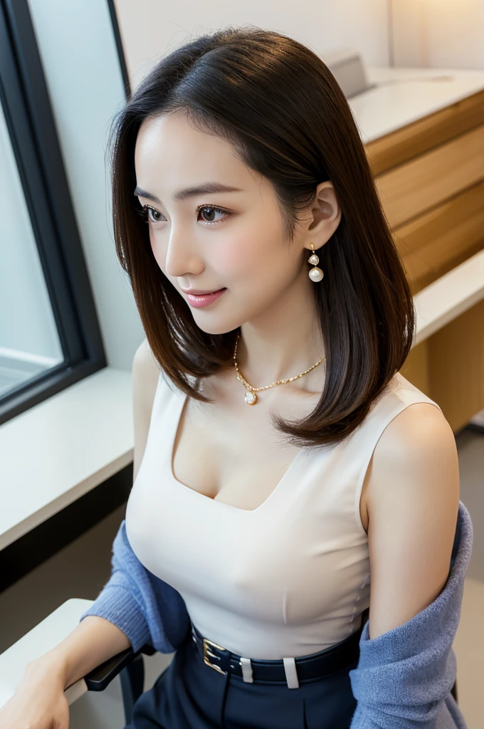 company office,executive secretary,okinawa,((full body)),((photo)),((best qualtiy, 8K, tmasterpiece:1.3)), Focus:1.2, perfect figure beautiful girl:1.4,1girl,cowboy shot,look at viewer, eyes facing the camera,incredibly absurd, beautiful and cute girl with a photorealistic face, showcasing top-quality craftsmanship, Japanese woman working in an office, 22 years old, hairstyle is black bob hair, inward curling hair reaching the jaw line, thin and soft hair, wide forehead with beautiful hairline, thin eyebrows, large almond-shaped eyes, light brown eyes, long eyelashes, double eyelids, straight nose, small lips, smile with upturned corners, fair and translucent skin, plump cheeks, cute impression, glamorous, tall, well-balanced proportions, large E-cup breasts, beige V-neck knit, white tight skirt, heeled pumps, pearl necklace and earrings, small bag, gold watch, beautiful, pretty older woman, neat, serious, hardworking, kind, considerate, highly trusted by those around her, April