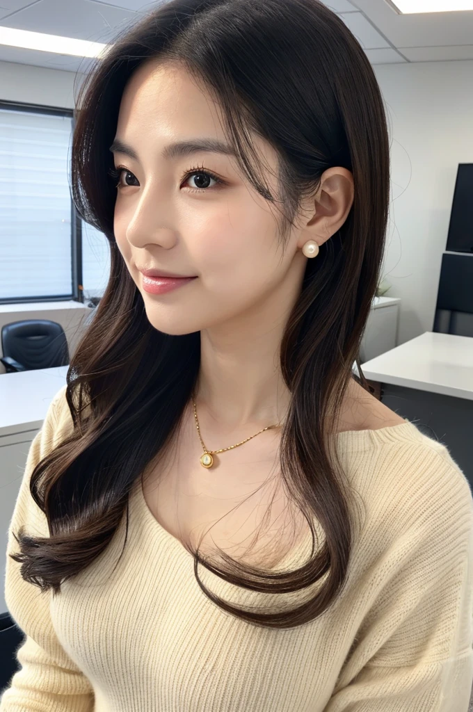 company office,executive secretary,okinawa,((full body)),((photo)),((best qualtiy, 8K, tmasterpiece:1.3)), Focus:1.2, perfect figure beautiful girl:1.4,1girl,cowboy shot,look at viewer, eyes facing the camera,incredibly absurd, beautiful and cute girl with a photorealistic face, showcasing top-quality craftsmanship, Japanese woman working in an office, 22 years old, hairstyle is black bob hair, inward curling hair reaching the jaw line, thin and soft hair, wide forehead with beautiful hairline, thin eyebrows, large almond-shaped eyes, light brown eyes, long eyelashes, double eyelids, straight nose, small lips, smile with upturned corners, fair and translucent skin, plump cheeks, cute impression, glamorous, tall, well-balanced proportions, large E-cup breasts, beige V-neck knit, white tight skirt, heeled pumps, pearl necklace and earrings, small bag, gold watch, beautiful, pretty older woman, neat, serious, hardworking, kind, considerate, highly trusted by those around her, April