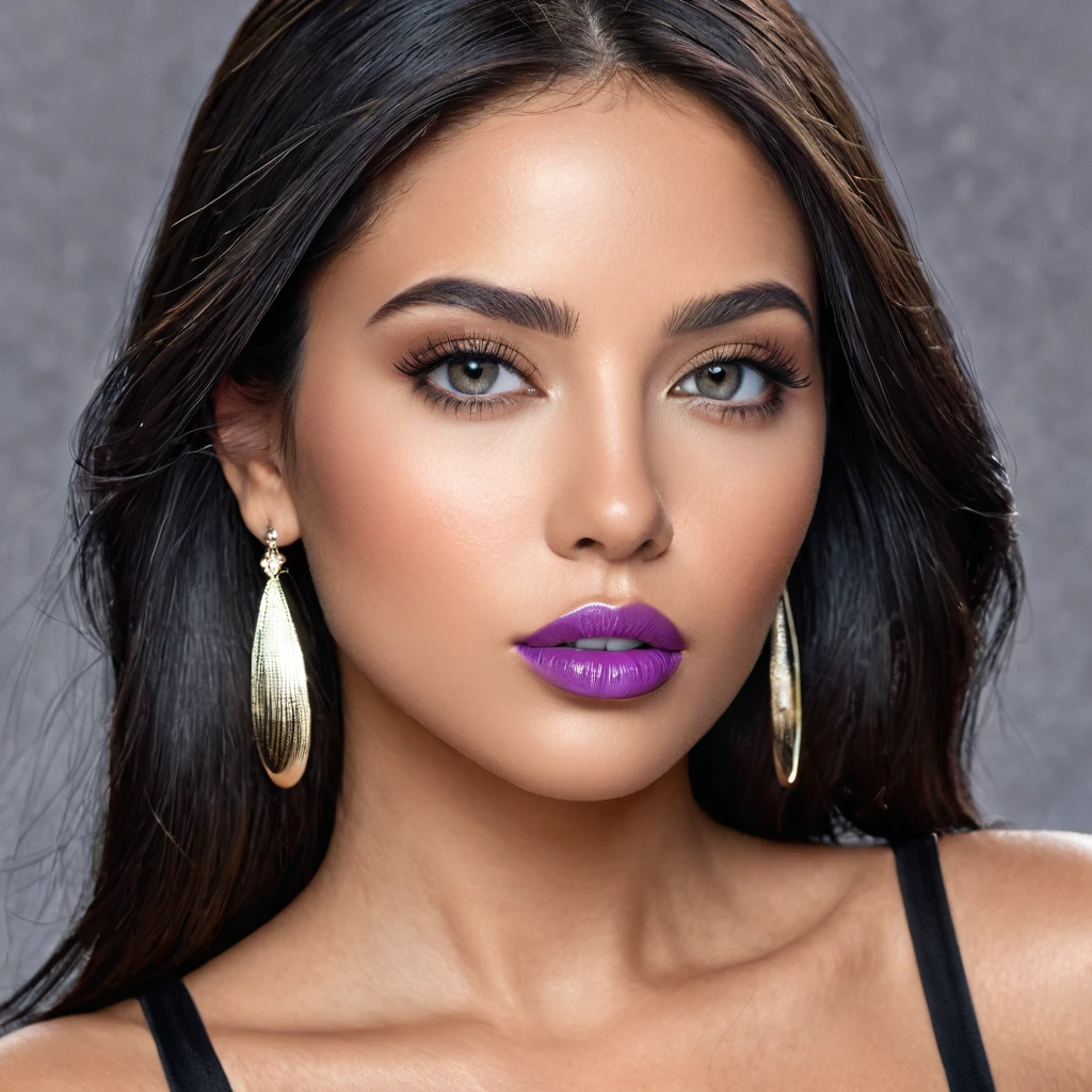 A photoreal close up of a stunning 28-year-old Latina model showcases her oval face, straight black hair, and striking grey eyes. Facing straight to the camera. Her beautiful lips with violet lipstick accentuate her wheatish skin with light brown tone highlights. Dressed in a chic black top, the image should be full body shot, 8k hdr, high detailed, and focused on capturing her mesmerizing beauty, soft day lighting