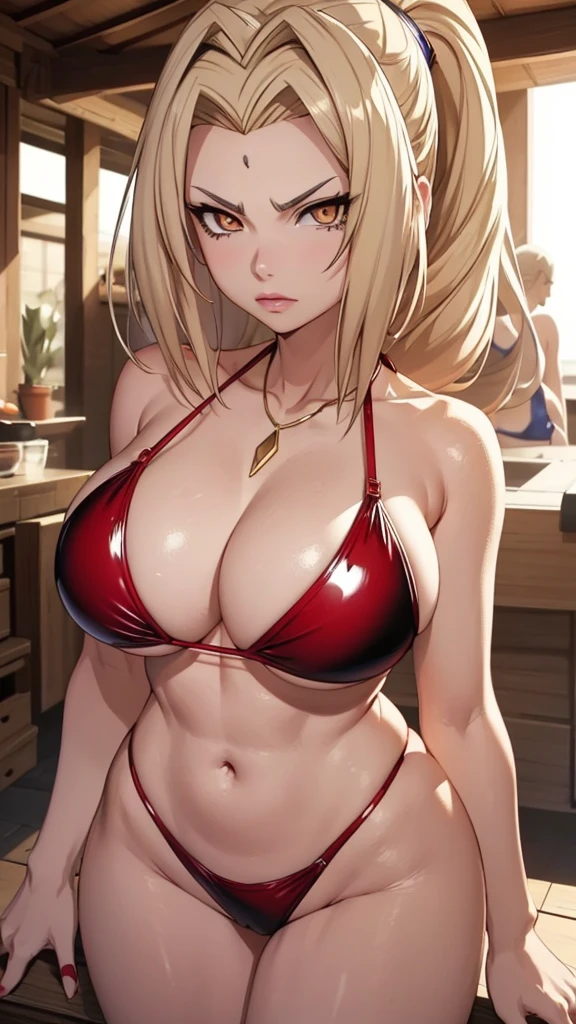 tmasterpiece,hair blonde,full body in bikini, (wearing a latex bikini), gold eyes,serious face,big breasts,Be red faced,best qualityer,The is very detailed,Get closer to the lens,SFW
