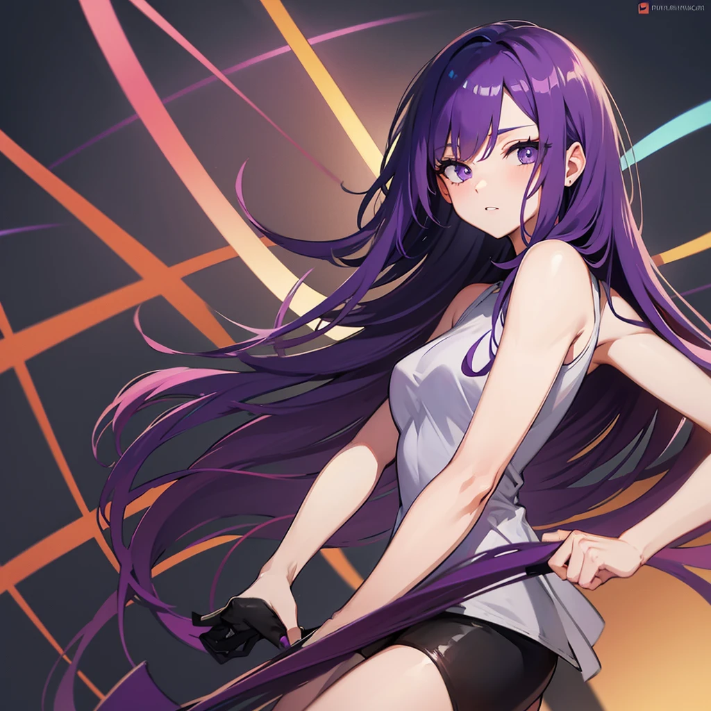 Purple hair, long, slanted eyes, game