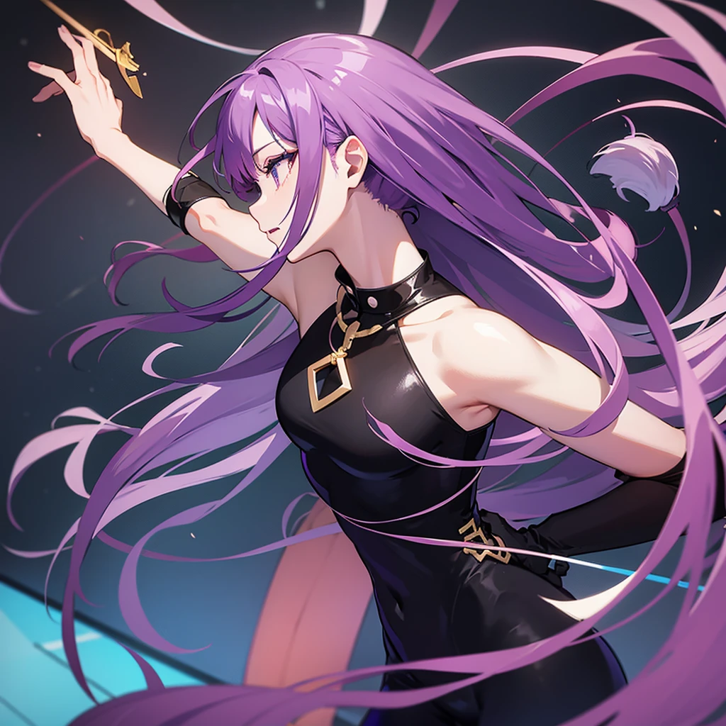 Purple hair, long, slanted eyes, game