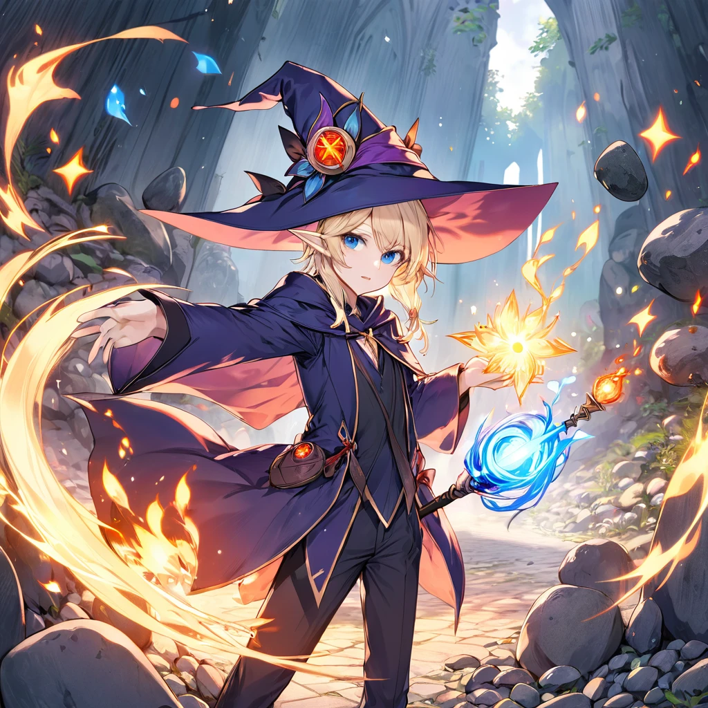 One person、juvenile、male、Light blonde、neutral、Slender、View shortcuts、White skin、blue eyes、Elf Ears、Witch's Pointy Hat、Wizard、Wizardのローブ、Holding a wand in one hand、Use fire magic、Several rocks floating in the background