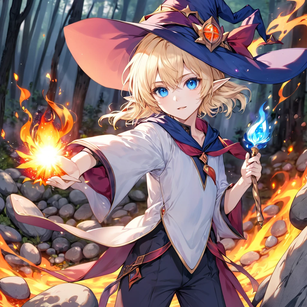 One person、juvenile、male、Light blonde、neutral、Slender、View shortcuts、White skin、blue eyes、Elf Ears、Witch's Pointy Hat、Wizard、Wizardのローブ、Holding a wand in one hand、Use fire magic、Several rocks floating in the background