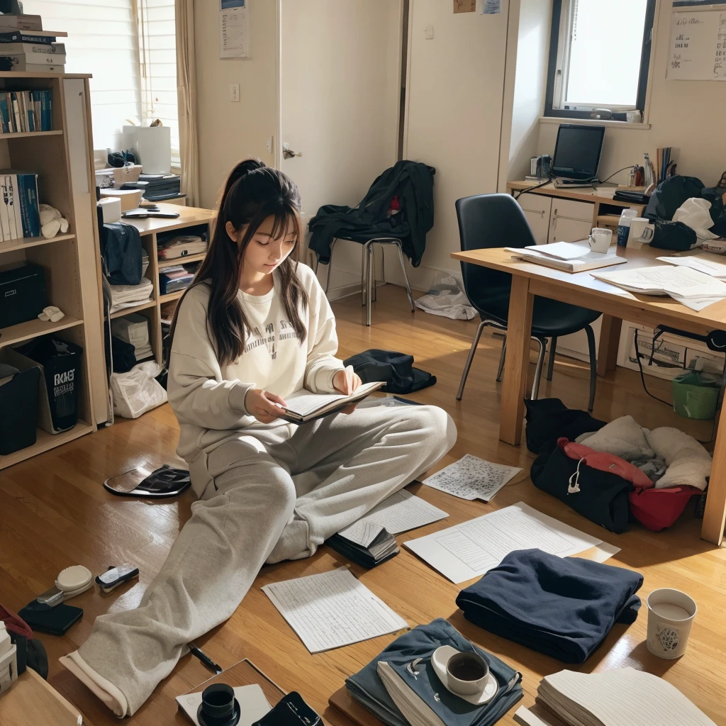 Beautiful Japanese woman in sweatpants studying for exams in a messy apartment