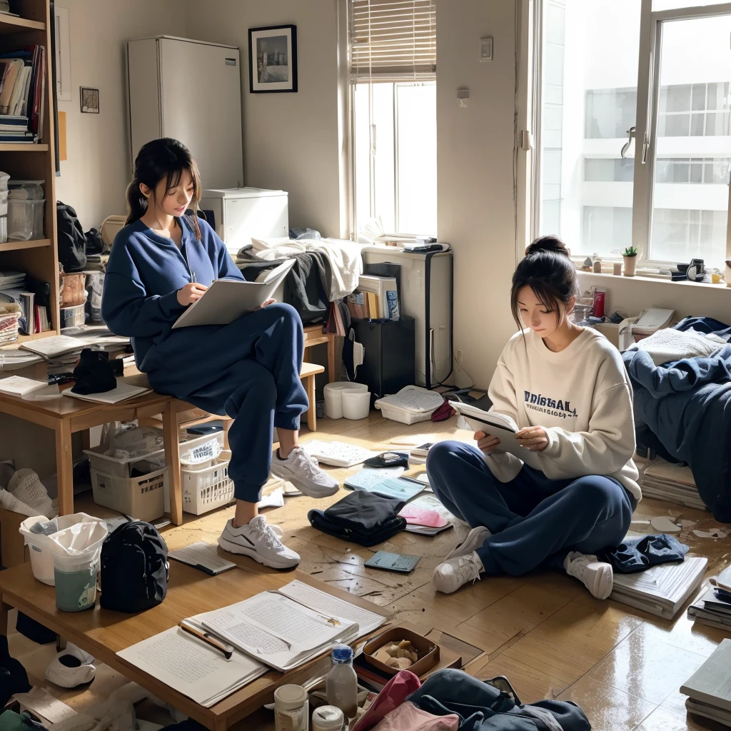 Beautiful Japanese woman in sweatpants studying for exams in a messy apartment