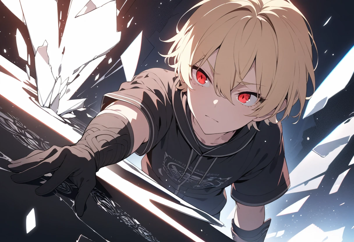 (masterpiece, Highest quality, Super detailed, Best Shadow), (Detailed Background,Dark fantasy), (Beautifully detailed face), High Contrast, (Best lighting, Very delicate and beautiful), ((Cinematic Light)), colorful, Hyper Detail, Dramatic Light, Intricate details, (boy, alone,Blonde Hair, Sharp Face,Very short haircut,Red eyes, Hair between the eyes,Dynamic Angle), Coloring agent, Black light swirling around the character, Depth of written boundary,black light particles,(Broken glass),Black rubber gloves and a brush