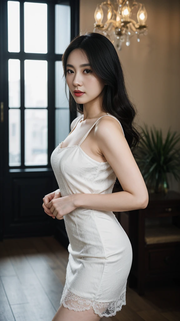 a Chinese woman with beautiful Delicate eyes, Beautiful and delicate lips, Extremely detailed face and skin, Pale skin, 23 years old,Wearing a silk suspender dress, skirt, high heels, medium long shot, dancing in the dance hall, beautiful lights, sexy figure, Full breasts，Big breasts，long legs, full body portrait. Beautiful photography，Long eyelashes, Good anatomy , Practical skin texture, Delicate eyes, professional, 4K, Wide-angle lens, Optical Depth of Field, Kodak Vision Color, Perfectly proportioned body, Extremely detailed, ultra-photoPractical, Practical, Post-Processing, Maximum details, Roughness, real life, ultra -Practical, Photorealism, photography, 8k Ultra HD, photography