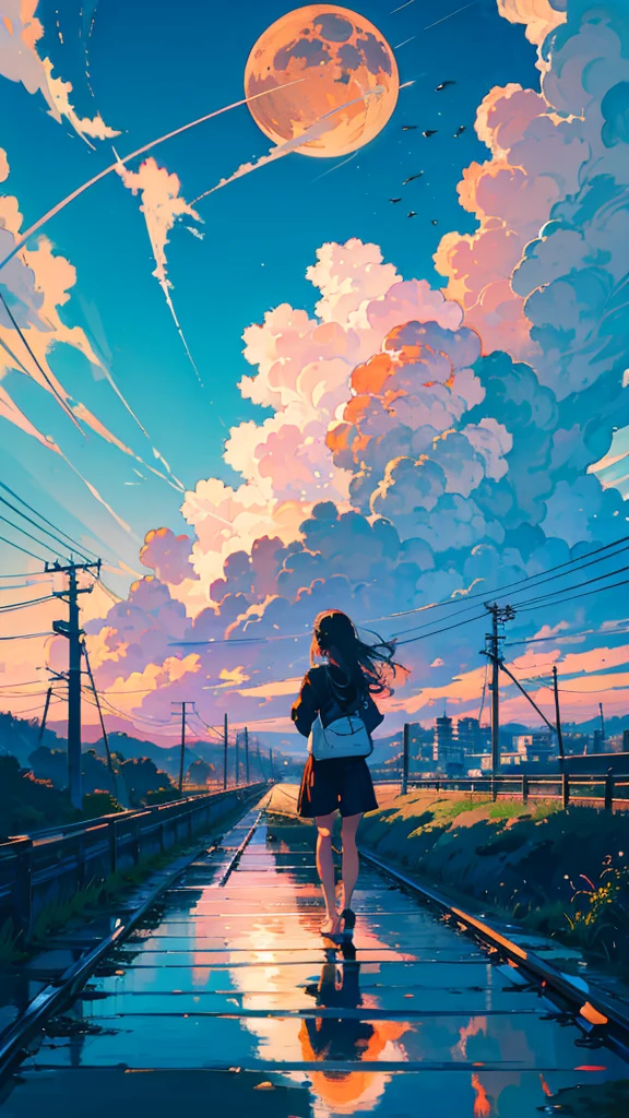 masterpiece, Exquisite detail,Highest quality, One girl, alone, handrail, cloud, buildings,Long Hair, zero, Long sleeve, Power lines, White footwear, Black Hair, Electric pole, bangs, cloudy zero, fish, bird, Green Eyes, Shorts, Day, Black Shirt, barefoot,Star,milky way,Meteors,Pitch black,Buildings,High quality anime art style,Standing painting,Splash ink background,Blue Themes,Clear Face,Distinct facial features,Fuji Mountain,Fuji Mountain,Buildings in Tokyo,Looking at me,View from behind,Shining Star々,milky way,sitting in water,Bright sky,Daytime,Looking straight ahead,Future City,train,Railroad crossing,sunset,A train running on the tracks,the sun and the moon
