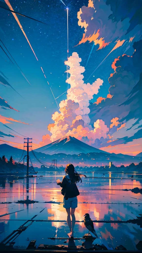 masterpiece, Exquisite detail,Highest quality, One girl, alone, handrail, cloud, buildings,Long Hair, zero, Long sleeve, Power lines, White footwear, Black Hair, Electric pole, bangs, cloudy zero, fish, bird, Green Eyes, Shorts, Day, Black Shirt, barefoot,Star,milky way,Meteors,Pitch black,Buildings,High quality anime art style,Standing painting,Splash ink background,Blue Themes,Clear Face,Distinct facial features,Fuji Mountain,Fuji Mountain,Buildings in Tokyo,Looking at me,View from behind,Shining Star々,milky way,sitting in water,Bright sky,Daytime,Looking straight ahead,Future City,train,Railroad crossing,sunset,A train running on the tracks,the sun and the moon