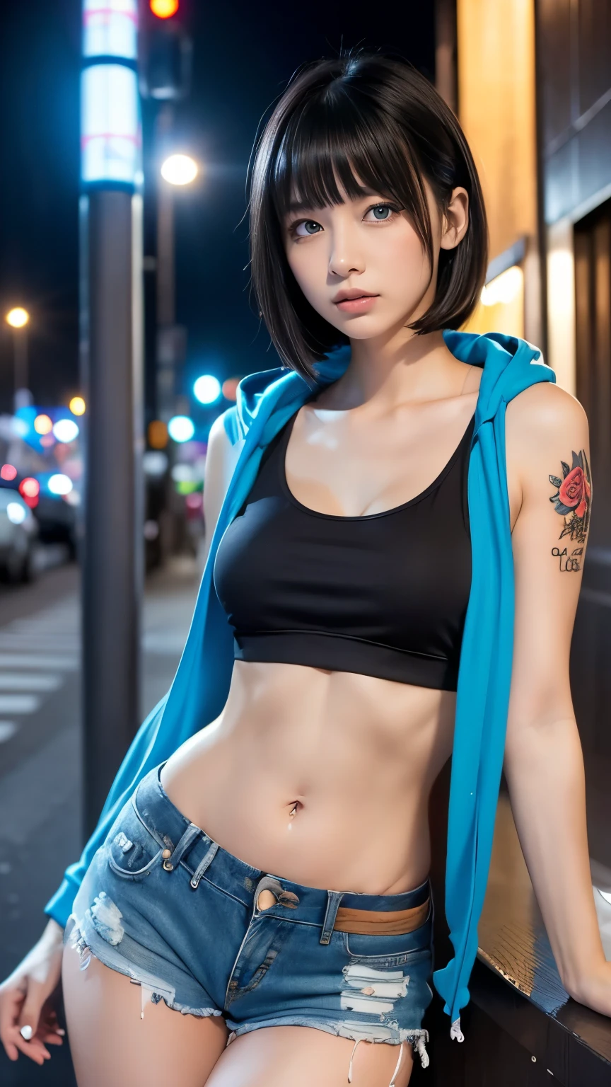 High resolution、1 female、girl、Black Hair、short hair、Slanted Eyes、blue eyes、thin、hoodie、fur、Tank top、Shorts、belly button、Tattoo stickers、Night view