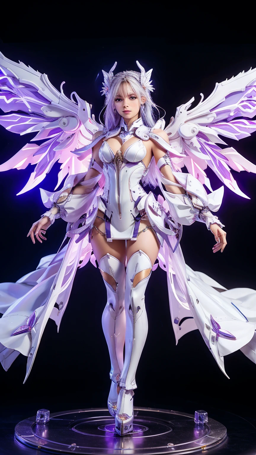 A woman, Pretty Face, White|purple, fully armed，Metal Mecha, Metal robe，(ongoing), (Neckline), (A pair of bigger wings), transparent, High Legs, permanent, Perfect body, Model pose