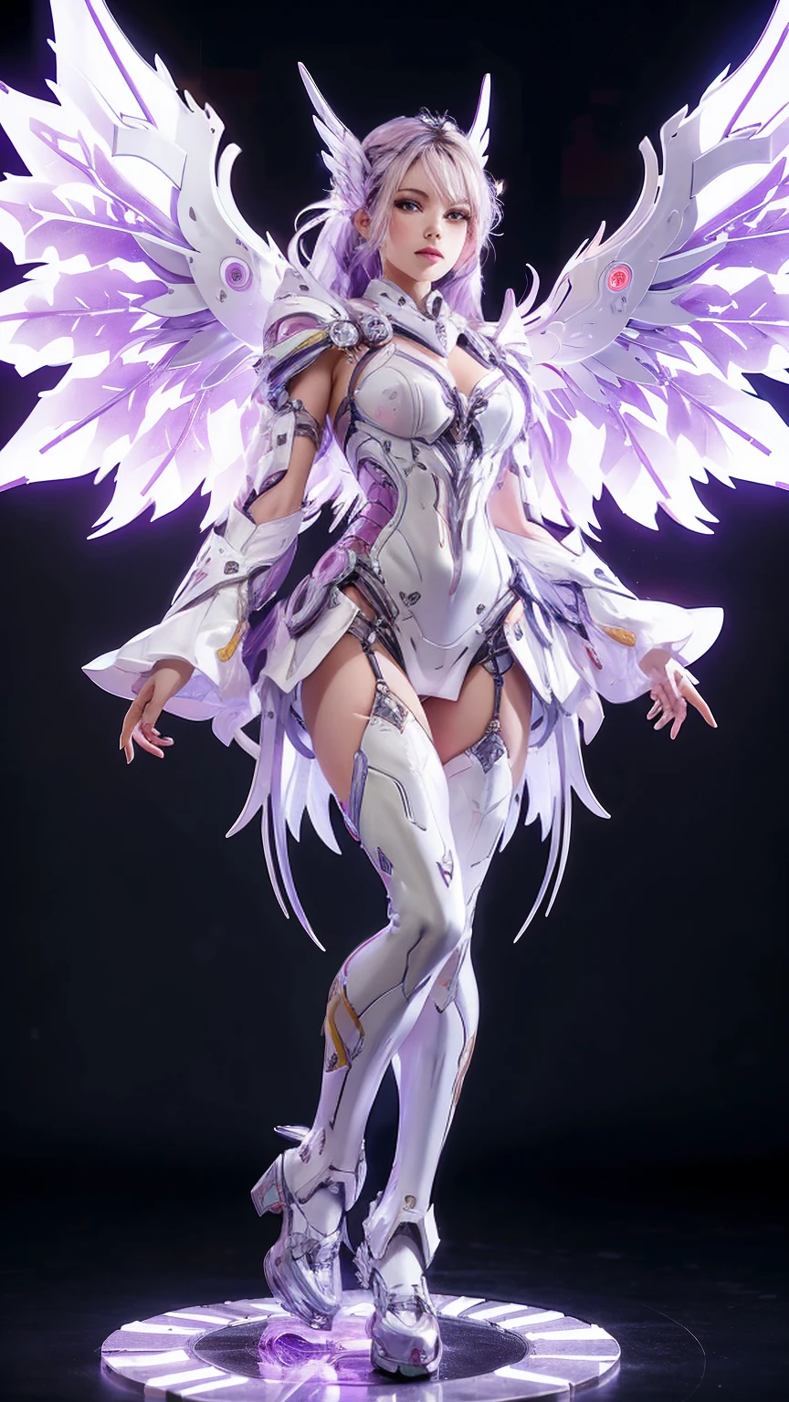 A woman, Pretty Face, White|purple, fully armed，Metal Mecha, Metal robe，(ongoing), (Neckline), (A pair of bigger wings), transparent, High Legs, permanent, Perfect body, Model pose