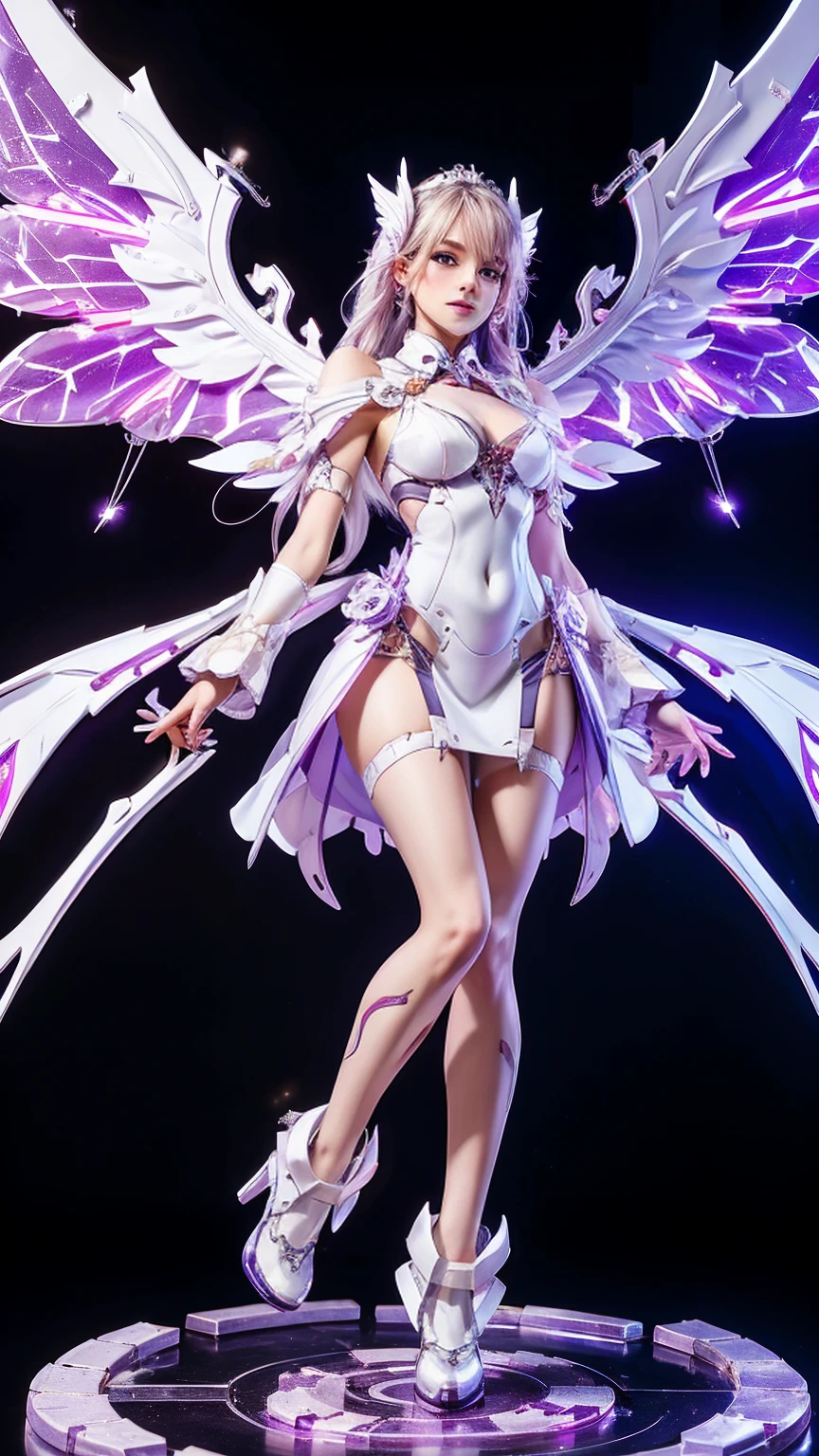 A woman, Pretty Face, White|purple, fully armed,Metal Mecha, Metal robe,(ongoing), (Neckline), (A pair of bigger wings), transparent, High Legs, permanent, Perfect body, Model pose