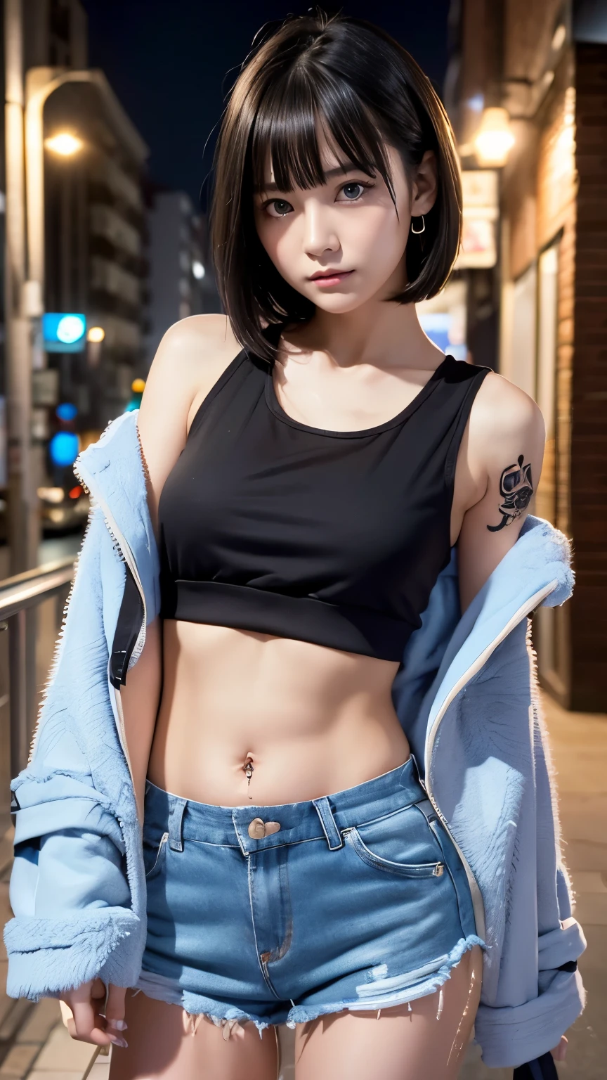 best quality, 1 Girl, dark blue hair, black eyes, Very short hair, Spiky hair, Alafi sat down in his chair and drank a cup of coffee。, with ripped crop t - shirt, wearing sexy cropped top, xintong chen, Casual clothes, Instagram model, xision wu, wearing a crop top, wearing casual cloths, leaked image, casual clothing style, wearing a cropped top, dilraba dilmurat, wenfei ye, Casual clothing, Messy hair, Hair between the eyes, Medium breasts, full, Tomboy, aldult, 20 years old, A sweet girl by the beach