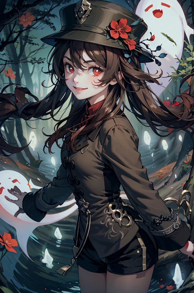 1 girl solo, brown jacket, long brown hair, red eyes, brown hat with red flowers, white ghost smiling, outside in a swampy forest at night, swamp lights, ghost figures around, blue lights flying in the air, will-o-the-wisp