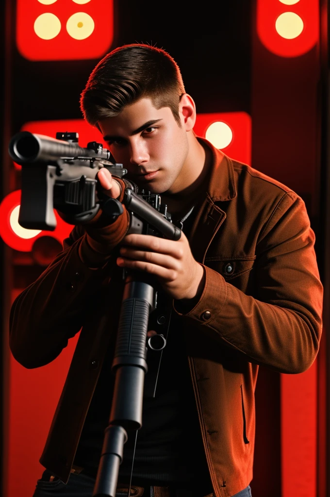 A 21 year man holding rifle gun with attitude and slight red light background
