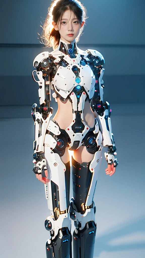 {{best quality, 1080P, Masterpiece, Ultra high resolution, photorealistic, ultra realism, Realistic skin texture, Extreme skin detail, dslr, Detailed eyes, Facing the camera, very beautiful face, Concise facial structure, Pale skin, Realistic skin texture, Extreme skin detail, oc render reflection textures, Realistic light and shadow, Single picture, alone, The body is slim and balanced., Age 20, Height 170, naked girl, Nude, no underwear, A girl with the body of a mechanical robot., Transparent futuristic black glass mech armor suit, The mechanical cervix is attached to the neck., The robot circuit is stuck in the middle of the back., flat stomach, Woman with perfect robot arms and legs, full body view, Whole body photo.}}