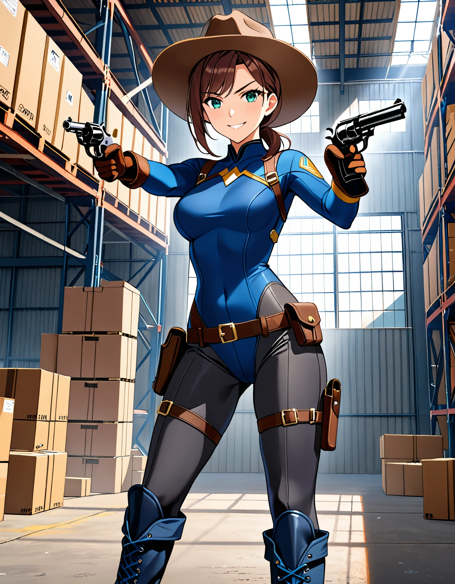 masterpiece, best quality, 1lady, solo, solo focus, (tall body), hispanic, brown hair, short hair, ponytail, blue-green eyes, medium breasts, beautiful detailed eyes, beautiful detailed face, smirk, ((brown cowboy hat)), (bodysuit, (solid blue bodysuit, leotard, dark blue leotard, skin-tight dark grey leggings), perfect fit), long sleeves, (gloves, dark blue gloves, matching gloves, boots, combat boots, dark blue boots, matching boots), drop-down pistol holster, knee pads)), ((pointing pistol at the viewer, revolver)), full body, cowboy shot, empty warehouse, danger atmosphere.