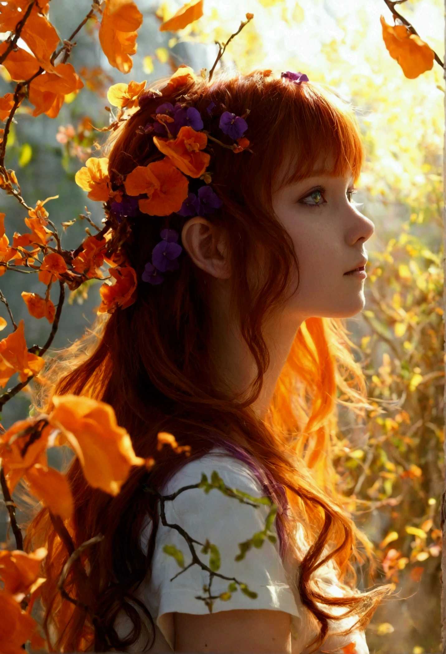 Dragon orange en flamme avec jeune fille aux cheveux bruns et aux yeux violets