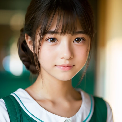 lens: 135mm f1.8,(Highest quality), (Beautiful 14 year old Japanese girl), (Moist lips), Narrow eyes, double eyelid,Delicate clavicle,Flat Chest,Shortcuts, shame, A faint smile,
(Spotted sunlight:1.2), Dramatic lighting,
(School Uniform), (Sunburned skin:0.2),Full body photo、Full Body Focus、Standing upright and facing forward、Upper Body、Hip