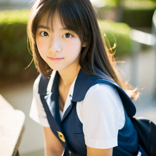 lens: 135mm f1.8,(Highest quality), (Beautiful 14 year old Japanese girl),  (Moist lips), Narrow eyes, double eyelid,Delicate clavicle,Flat Chest,Shortcuts,  shame, A faint smile,
(Spotted sunlight:1.2), Dramatic lighting, 
(School Uniform), (Sunburned skin:0.2),Full body photo、Full Body Focus、Standing upright and facing forward、Upper Body、Hip