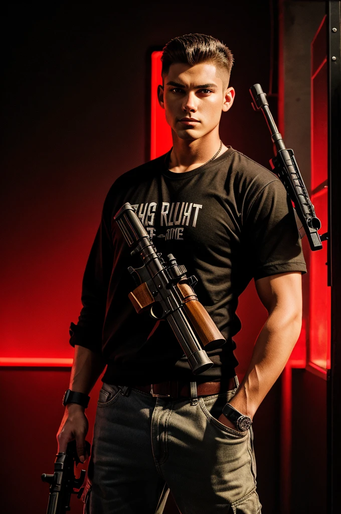A 21 year man holding rifle gun with attitude posing and red light background 