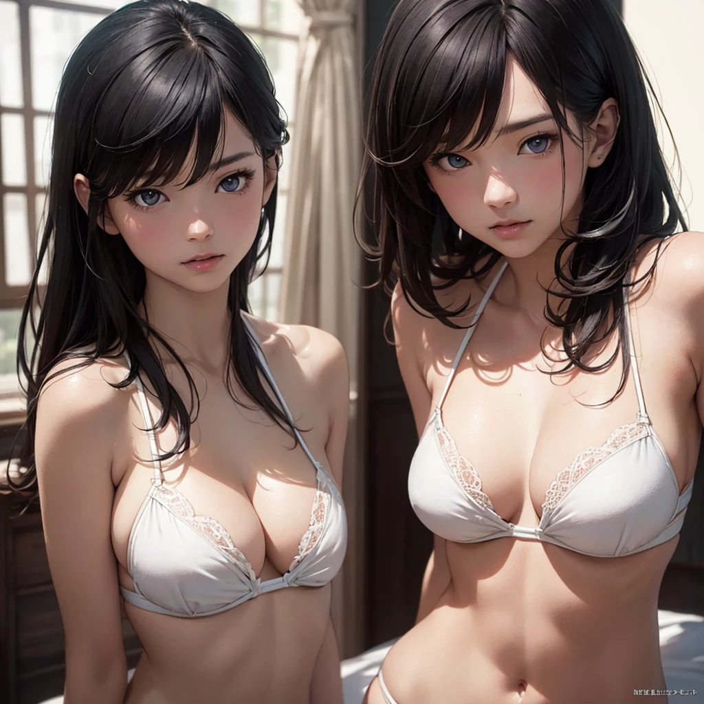 (Photorealistic:1.4), (masutepiece, of the highest quality, Best Quality, Official art), ighly detailed, highest details, (Ultra-detailed), ((extremely delicate and beautiful)), NSFW, vivid natural color, high resolution, High resolution, low angle, masterpiece, beautiful black-haired girl, white bikinis.